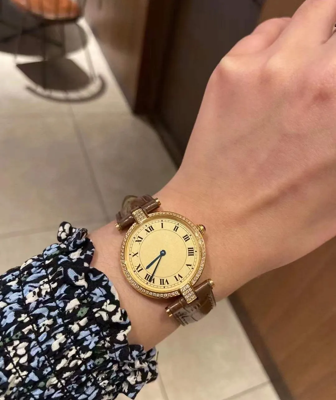 Vintage Zircon Quartz Watch Women Geometric Roman Number Wristwatch Female Brown Genuine Leather Watches Lady Clock Waterproof 30mm