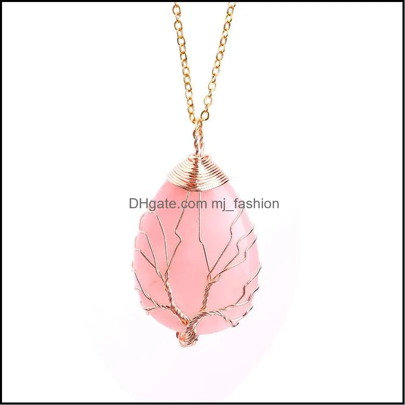 Oval Natural Stone Necklace Pendant Jewelry Copper Line Wrapped Tree of Life Necklaces for Women Charm Jewelry