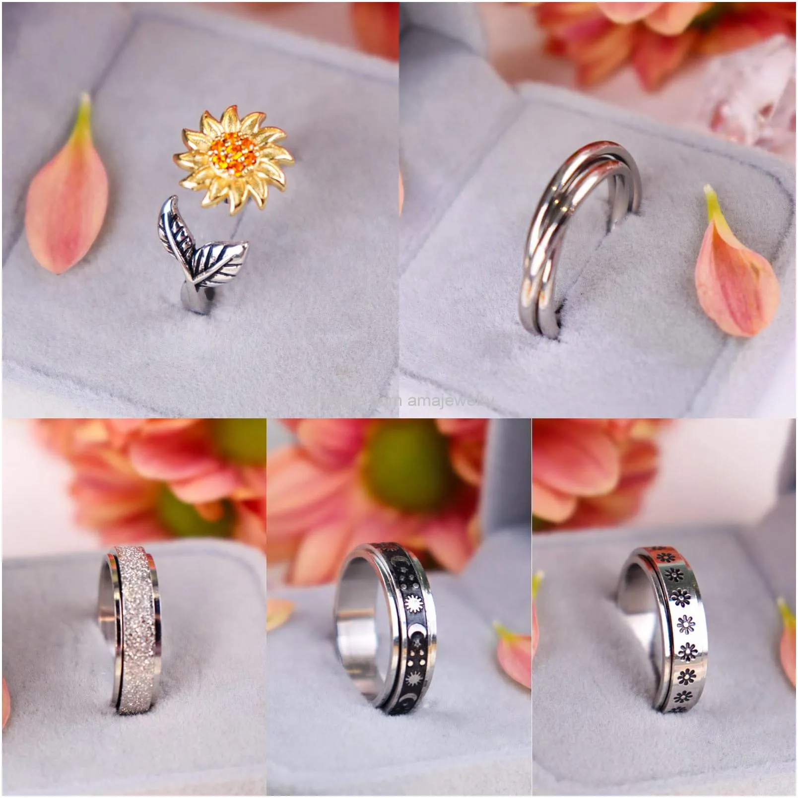 fidget ring anxiety ring for women girls spinner band fidget rings for anxiety and adjustable anxiety relief ring set sunflower moon star relieving rings for adults