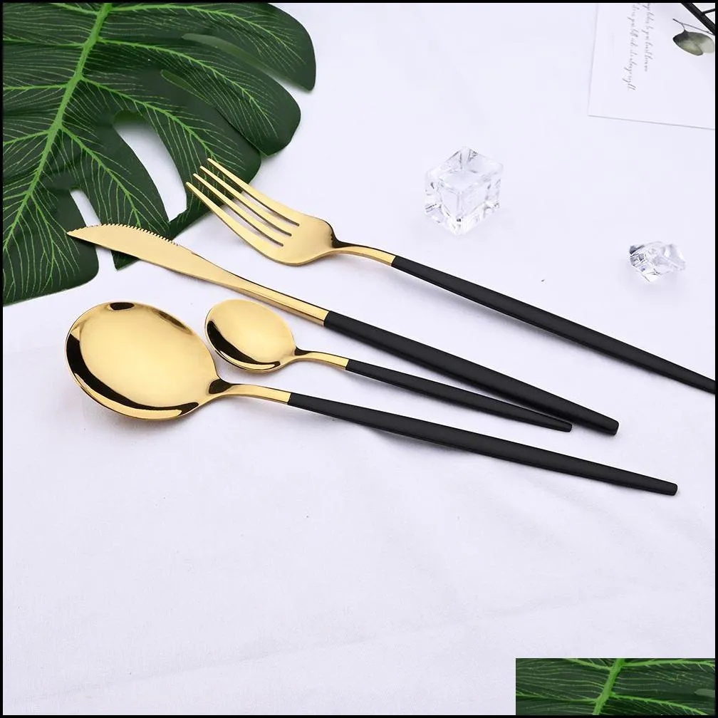 dinnerware sets 24pcs black gold stainless steel cutlery kitchen fork knife spoon tableware flatware silverware 220928