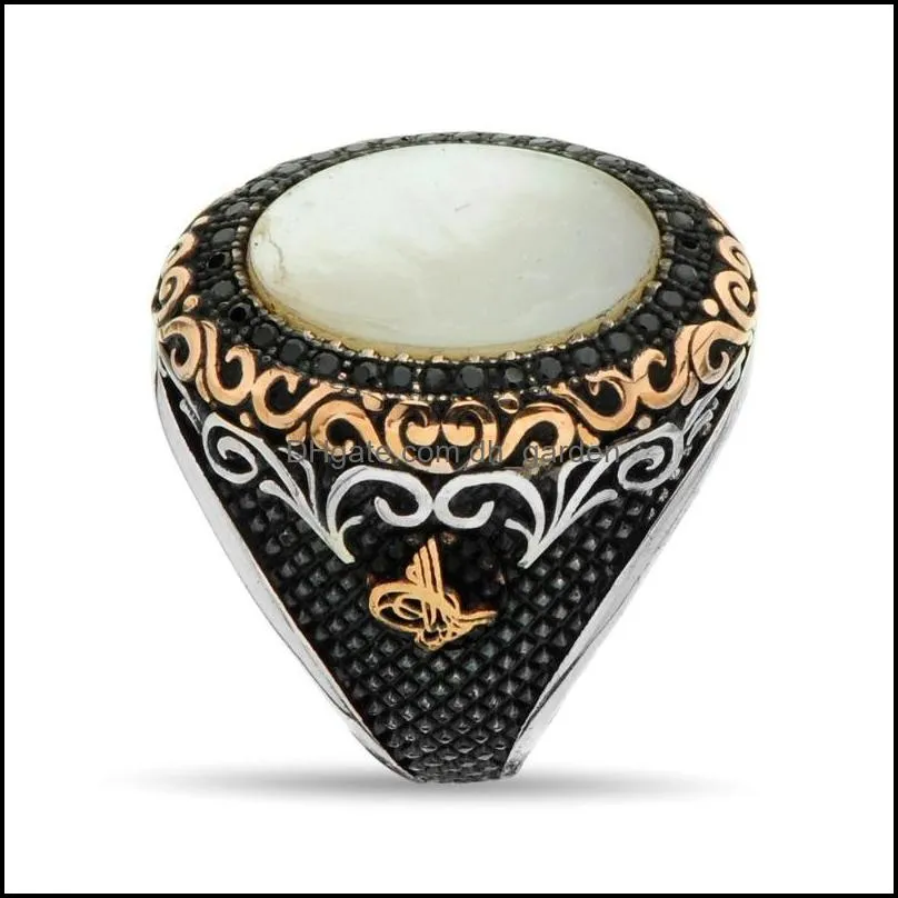 wedding rings vintage handmade turkish signet ring for men women ancient silver color black onyx stone retro islamic religious