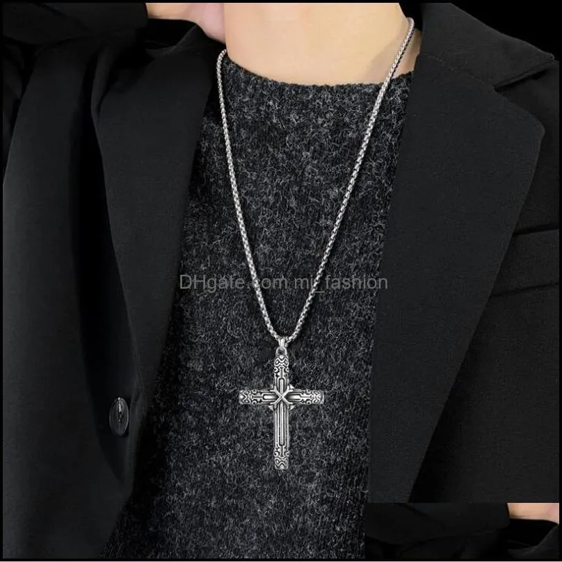 Punk Cross Necklace Pendant For Men Boy With 3MM Stainless Steel Chain Retro Jewelry C3