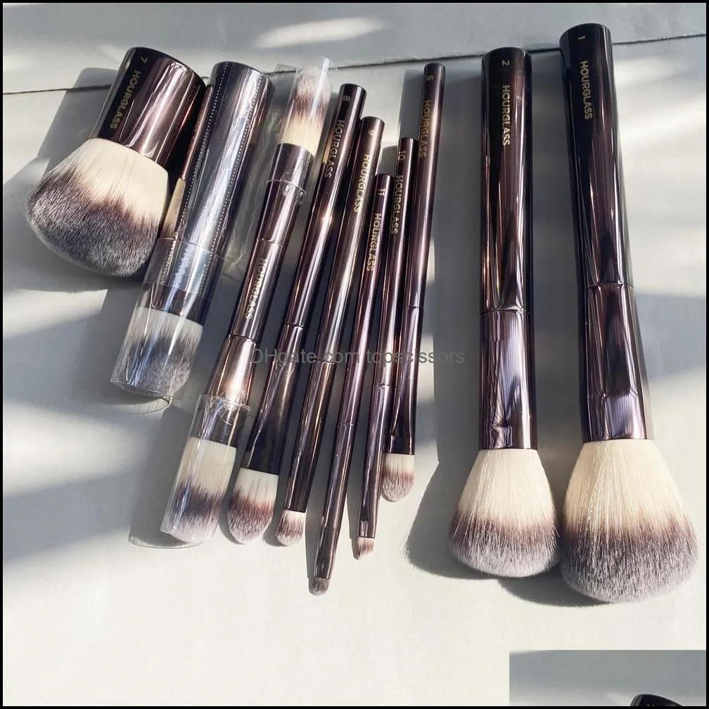 Hourglass Makeup Brushes Set - 10-pcs Powder Blush Eyeshadow Crease Concealer eyeLiner Smudger Dark-Bronze Metal Handle Cosmetics