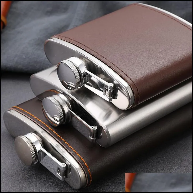 hip flasks high quality leather 304 stainless steel flask portable pocket engraved wine drink pot alcohol whiskey vodka flagon alcoho