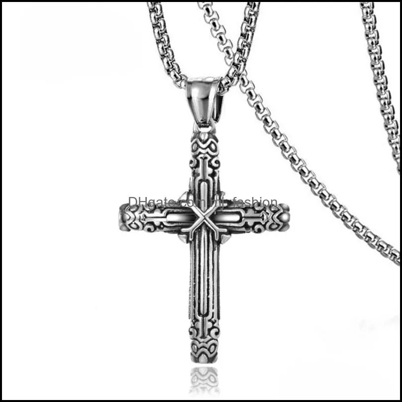 Punk Cross Necklace Pendant For Men Boy With 3MM Stainless Steel Chain Retro Jewelry C3