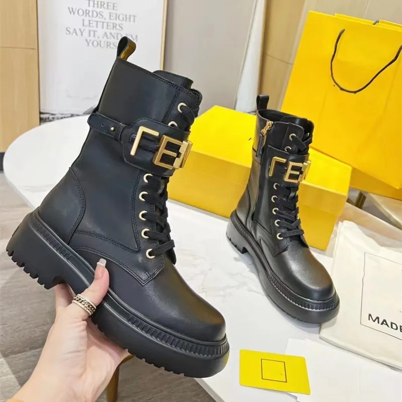 New Designer Women Boots %100Genuine Leather shiny Detachable Combat Shoes Outdoor Thick Bottom Mid-length Boot size35-41