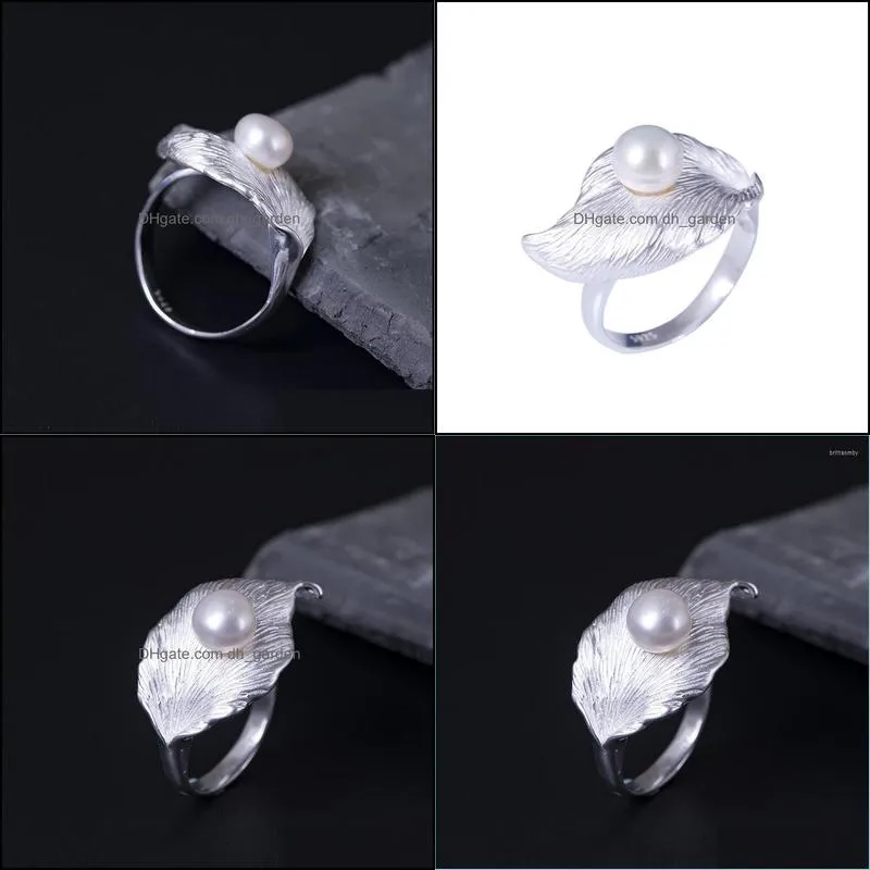 cluster rings s925 sterling silver one leaf boat inlaid freshwater pearl ring female simple brushed opening adjustable ringcluster