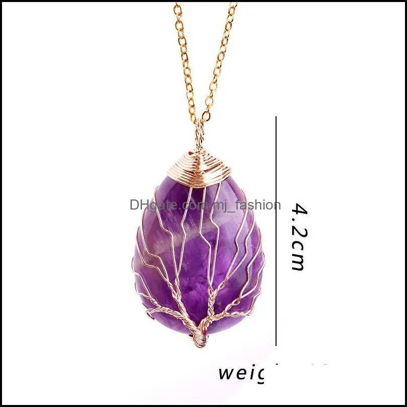 Oval Natural Stone Necklace Pendant Jewelry Copper Line Wrapped Tree of Life Necklaces for Women Charm Jewelry