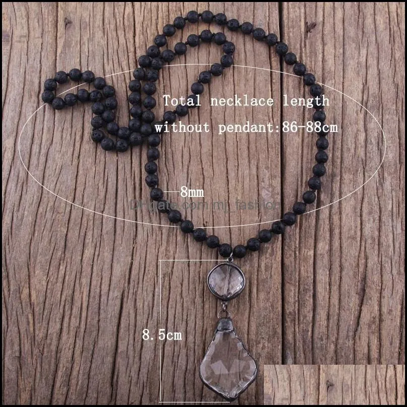 Pendant Necklaces Fashion Bohemian Tribal Jewelry Lava Stones Long Knotted Glass Maple Leav Women Necklace Dropship