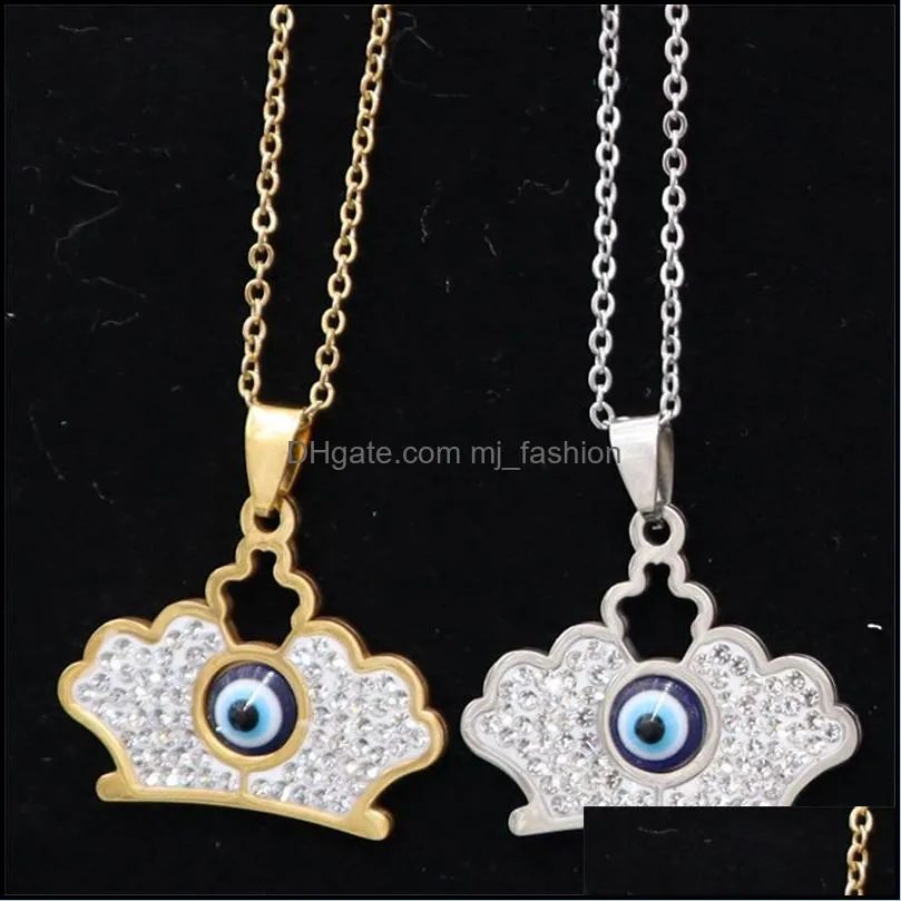 Turkish Blue Evil Eyes Necklaces Women Titanium Steel Crown Key Flower Animal Heart Iced Out Pendants Jewelry Fashion Diamond Necklace