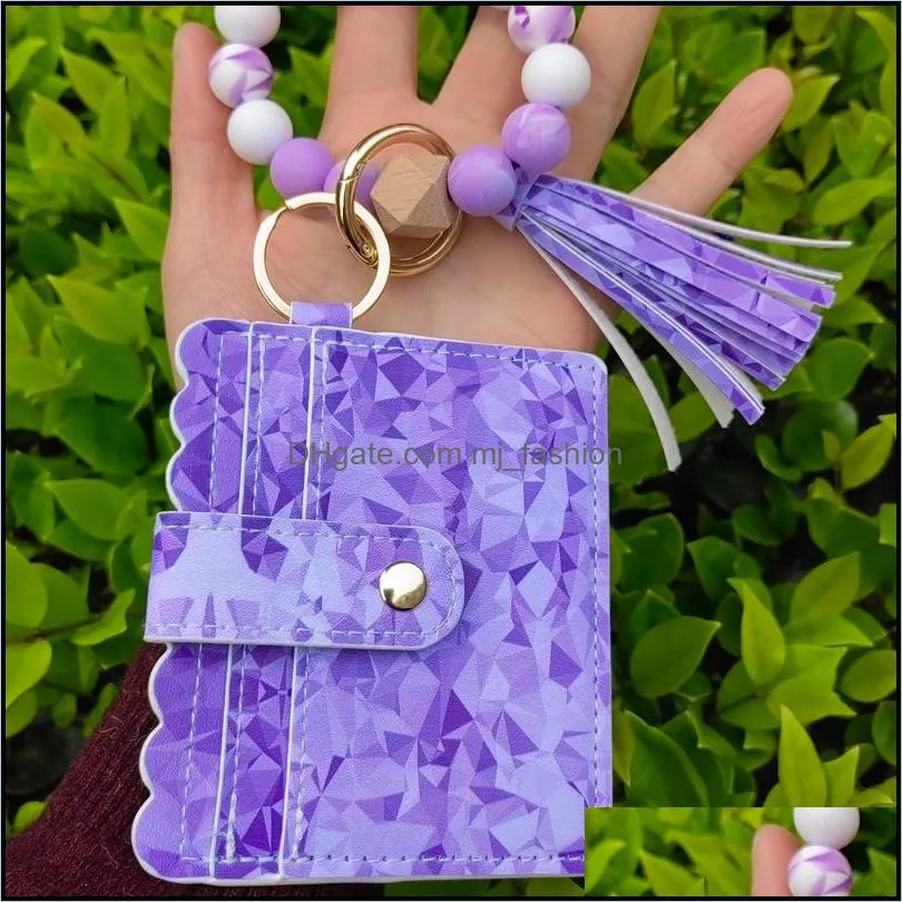 Silicone Bead Bracelet Card Case Wooden Bead Wrist Keychain Pendant Anti-lost Tassel Bracelet Keyring for Women Girls Fashion