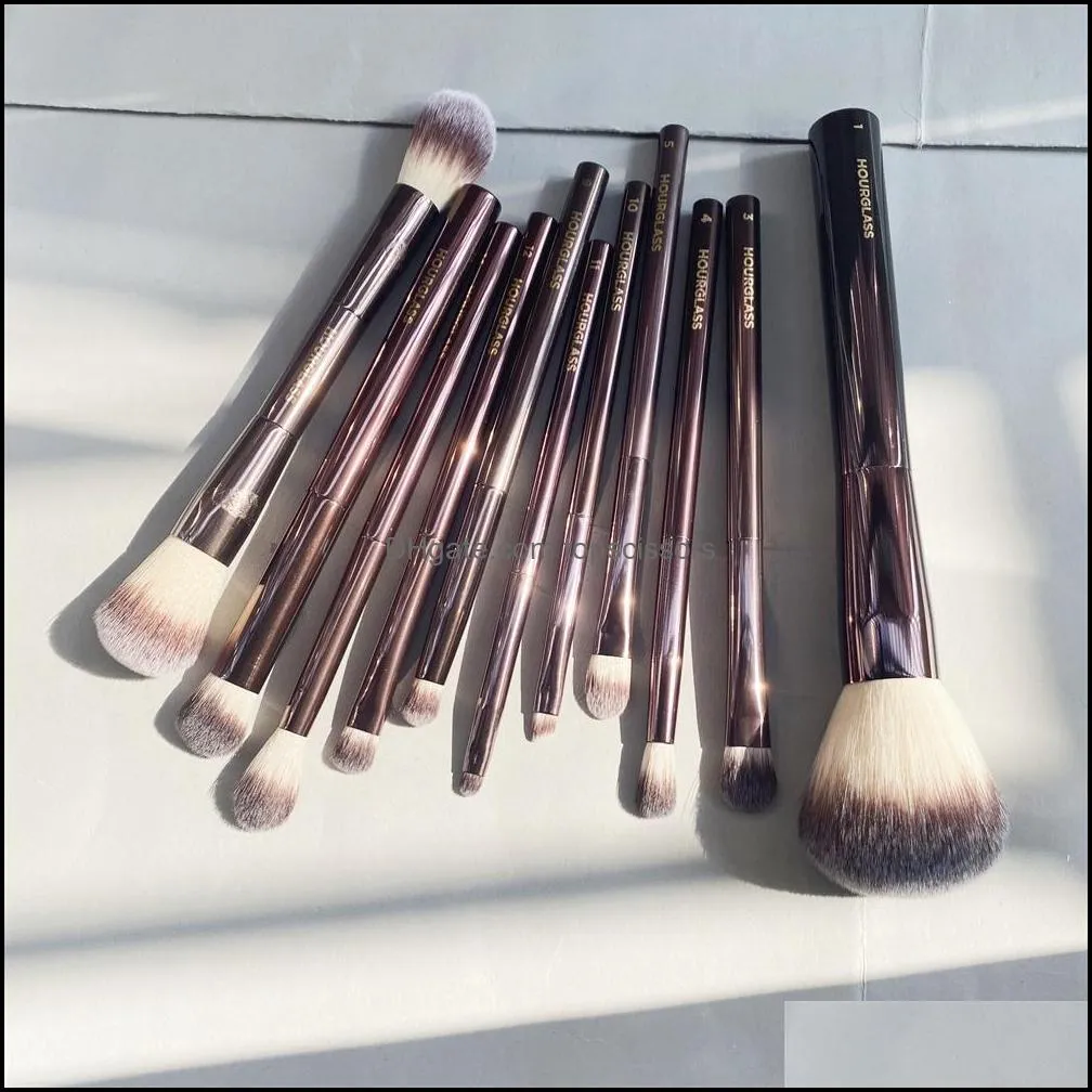 Hourglass Makeup Brushes Set - 10-pcs Powder Blush Eyeshadow Crease Concealer eyeLiner Smudger Dark-Bronze Metal Handle Cosmetics