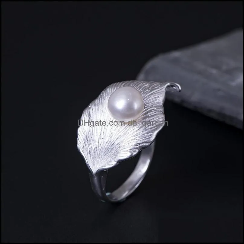 cluster rings s925 sterling silver one leaf boat inlaid freshwater pearl ring female simple brushed opening adjustable ringcluster