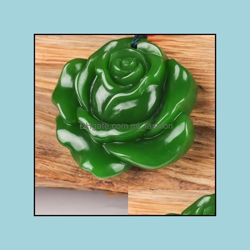 New Natural Jade China Green White Jade Pendant Necklace Amulet Lucky Roses Flowers Statue Collection Summer Ornaments Zxc001