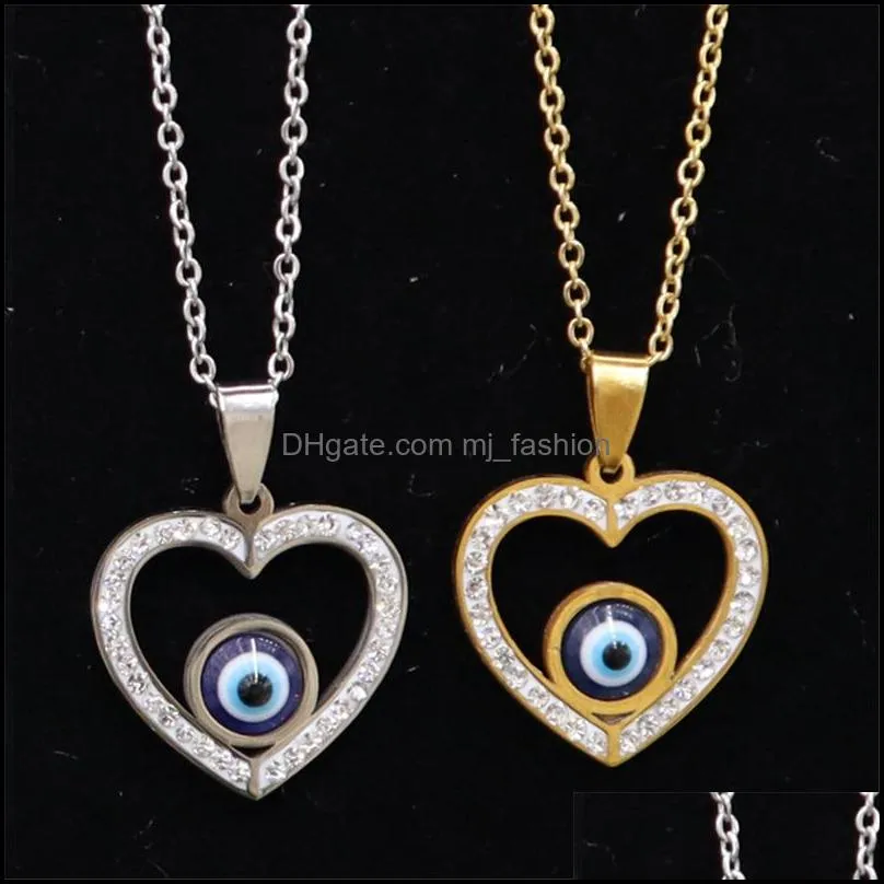 Turkish Blue Evil Eyes Necklaces Women Titanium Steel Crown Key Flower Animal Heart Iced Out Pendants Jewelry Fashion Diamond Necklace