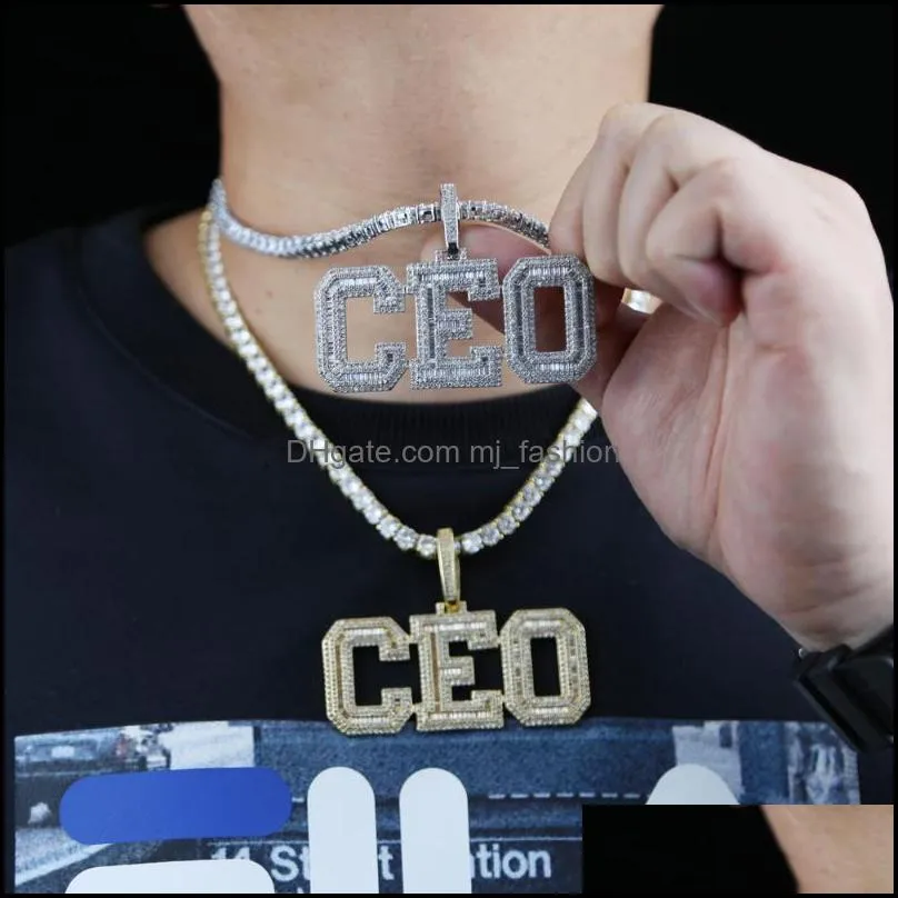 Chains Hip Hop Men Boy Jewelry Iced Out Bling 5A Cubic Zirconia Cz Letter CEO Charm Pendant 5mm Tennis Chain Necklace Wholesale