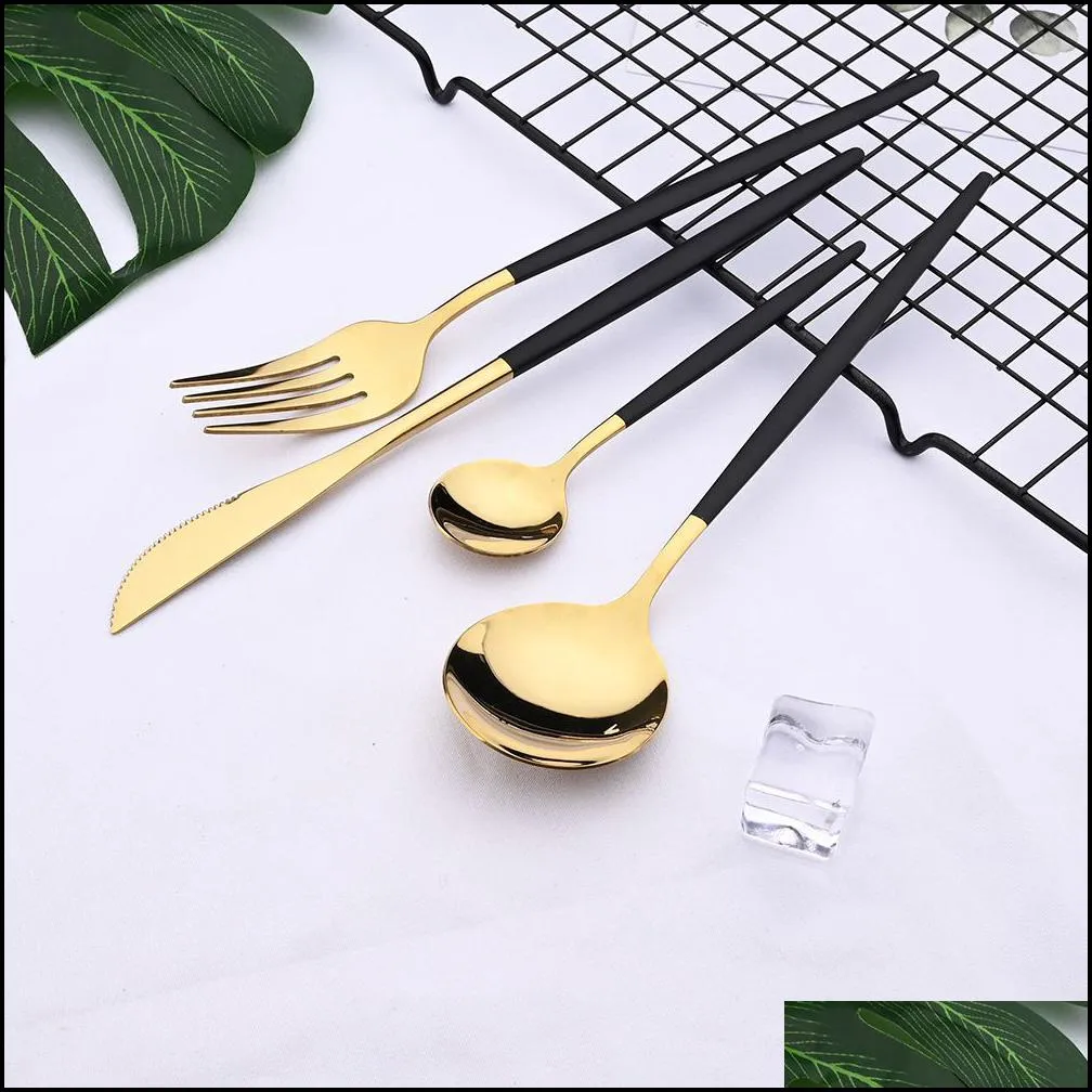 dinnerware sets 24pcs black gold stainless steel cutlery kitchen fork knife spoon tableware flatware silverware 220928