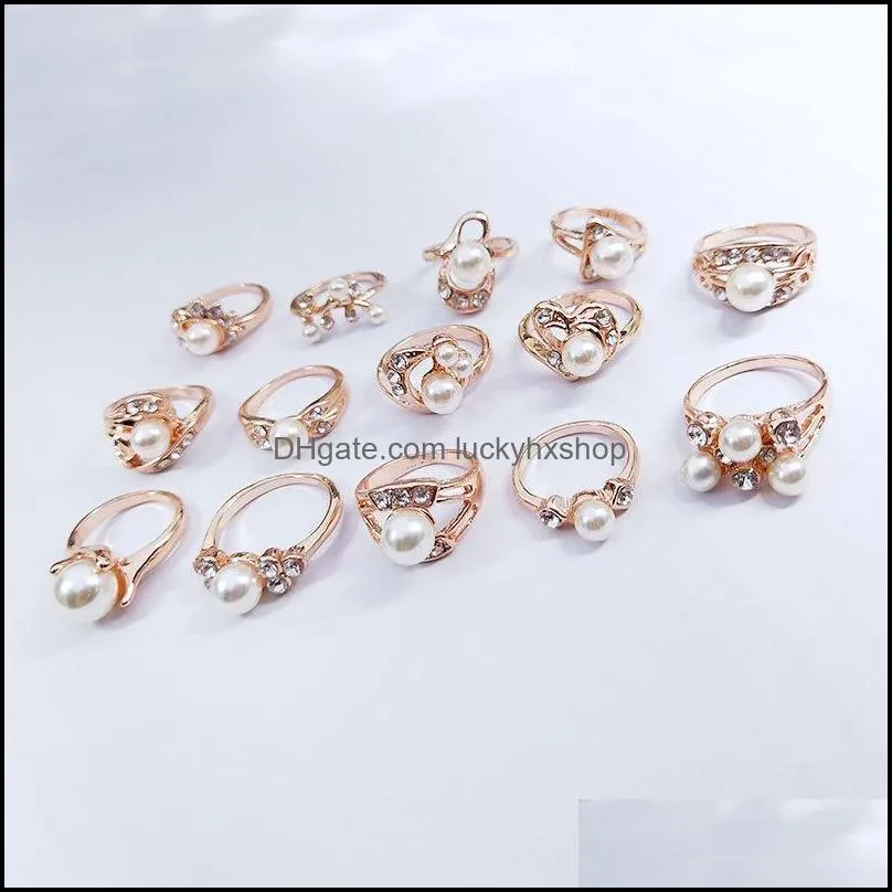 50pcs/lot fashion luxury rose gold color band pearl crown metal rings for women party gifts wedding jewelry mix style wholesale
