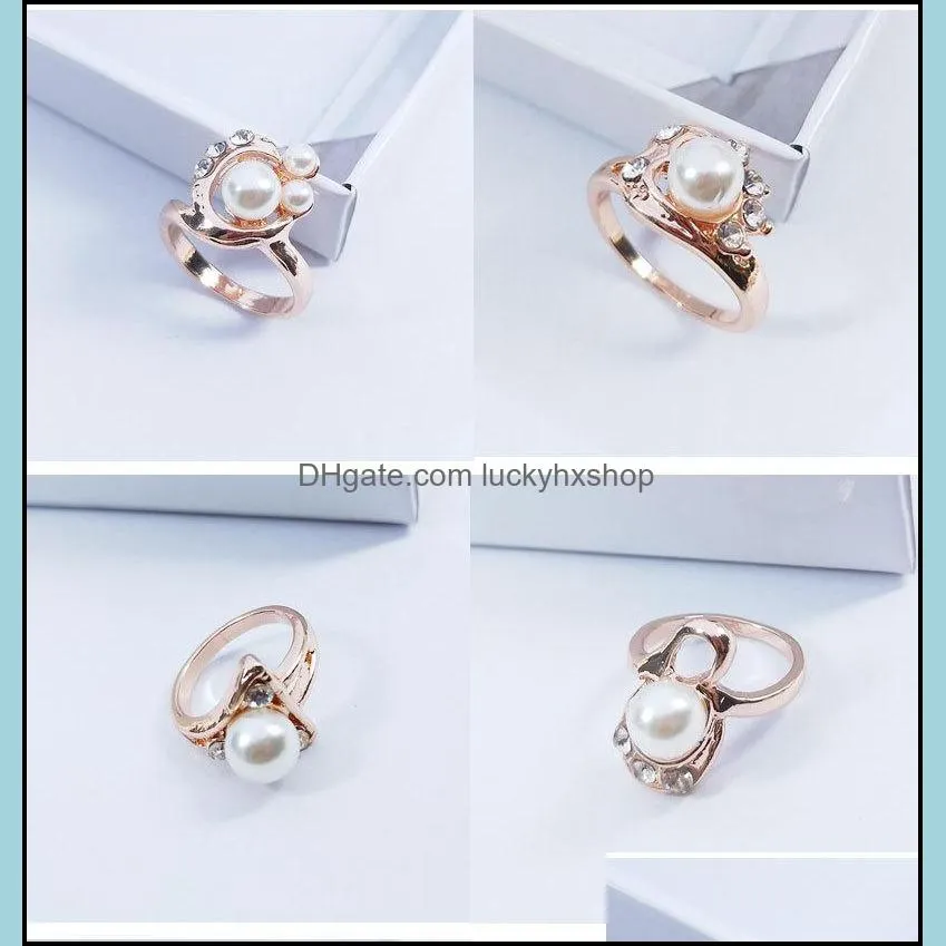 50pcs/lot fashion luxury rose gold color band pearl crown metal rings for women party gifts wedding jewelry mix style wholesale