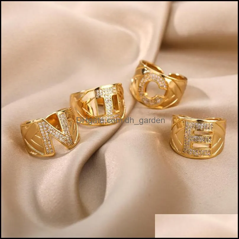 wedding rings chunky wide zircon initial letter for women stainless steel gold opening finger ring hip hop minimalist jewelry gift