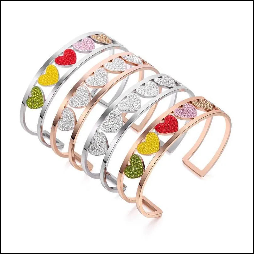 bangle trendy love heart for woman colorful crystal stainless steel bracelets&bangles wedding jewelry party gifts