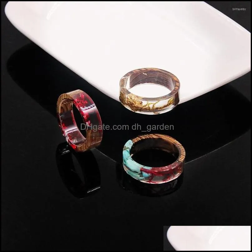 wedding rings colorful transparent wood dried flower resin epoxy acrylic crystal rhinestone simple round jewelry for lover women
