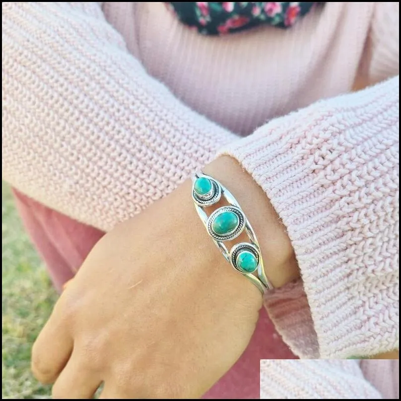 bangle trendy creative design inlaid turquoise silver color metal bracelet charm fashion women`s exquisite jewelry for herbangle