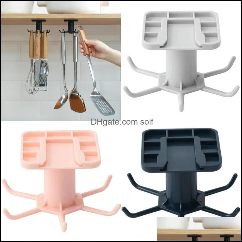 Pure Color Household Storage Rack Wall Mounted Rotate Hook No Drilling Kitchen Hooks Organizer Shelf