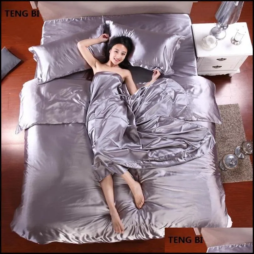 hot 100 pure satin silk bedding set home textile king size bed set bedclothes duvet cover flat sheet pillowcases wholesale y200111