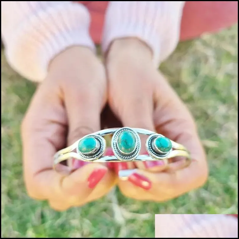 bangle trendy creative design inlaid turquoise silver color metal bracelet charm fashion women`s exquisite jewelry for herbangle