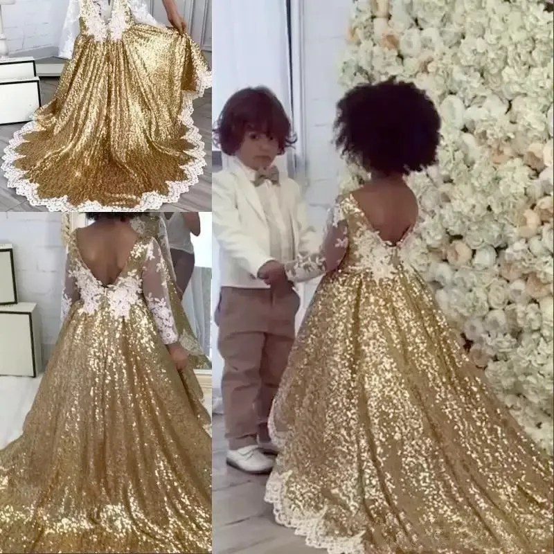Lovely Gold Sequined Girls Pageant Dresses Lace Appliques Long Sleeve Flower Girls Dress Kids Formal Wear
