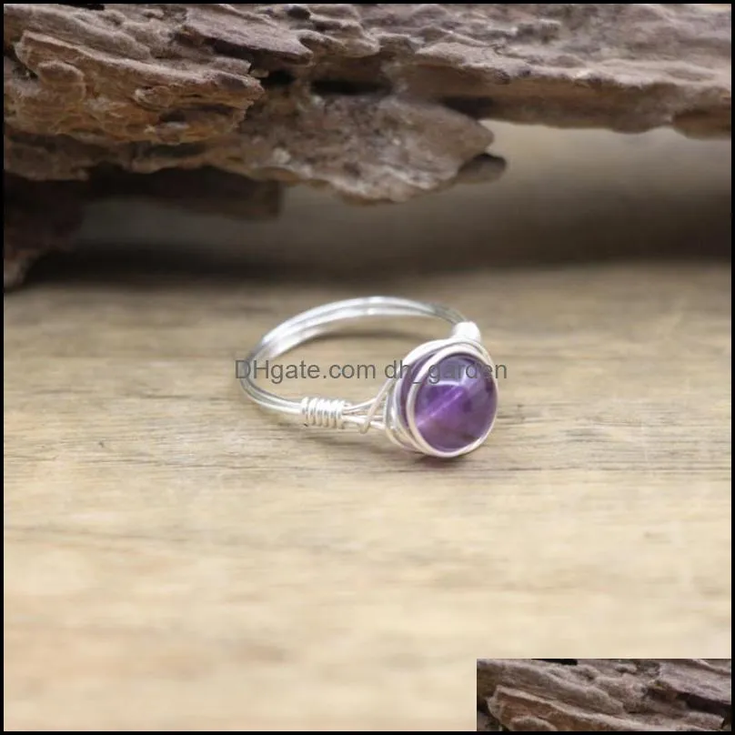 Wedding Rings Silvery Wire Wrapped Stone Beads Healing Crystal Quartz Lava Amethysts Circle Finger Ring Party Jewelry QC4094Wedding