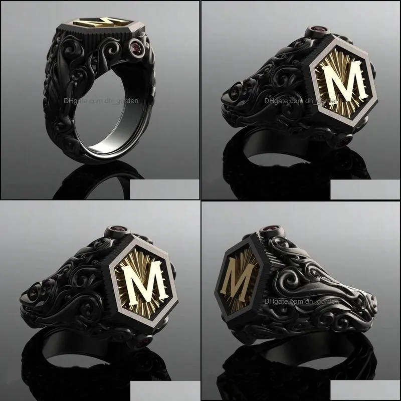 Wedding Rings Classic Retro Black Men Gold Filling Carving M Letter Signet Steampunk For Birhday Gift Party Gothic JewelryWedding