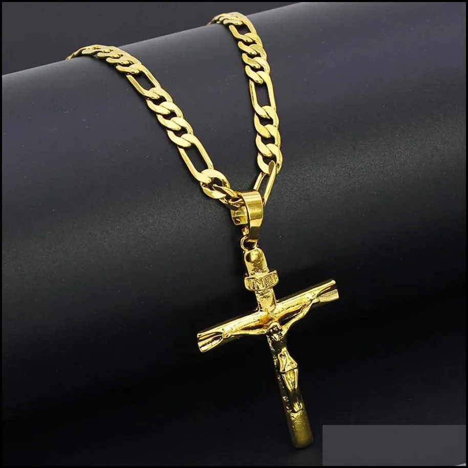 Real 10k Yellow Solid Fine Gold Jesus Cross Crucifix Charm Big Pendant 55x35mm Figaro Chain Necklace