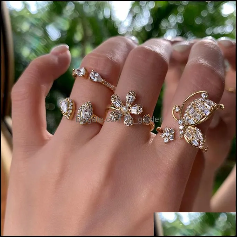 wedding rings womens sterling stackable ring cute butterfly flowers opening resizable zircon party set for femalewedding brit22