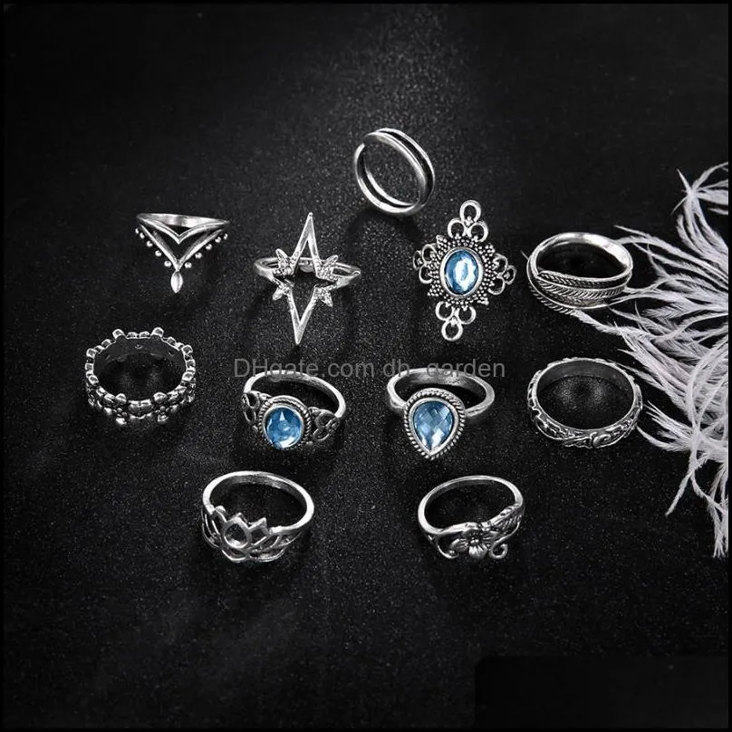 wedding rings fashion finger ring for women set retro alloy diamond engraved starry gemstone summer bohemian seaside beach jewelry