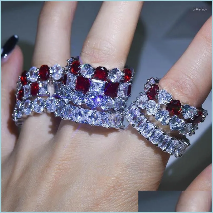 Wedding Rings Luxury Dazzling Cubic Zirconia Ring White Red Heart Crystal Cocktail Party Women`s Bridal Engagement JewelryWedding