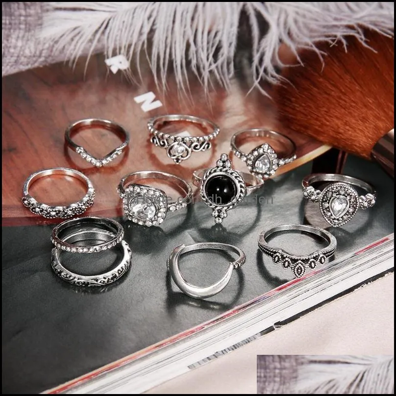 wedding rings gothic for women vintage silver hollow alloy diamond carved knuckle ring crown shape jewelry charm set gift retrowedding