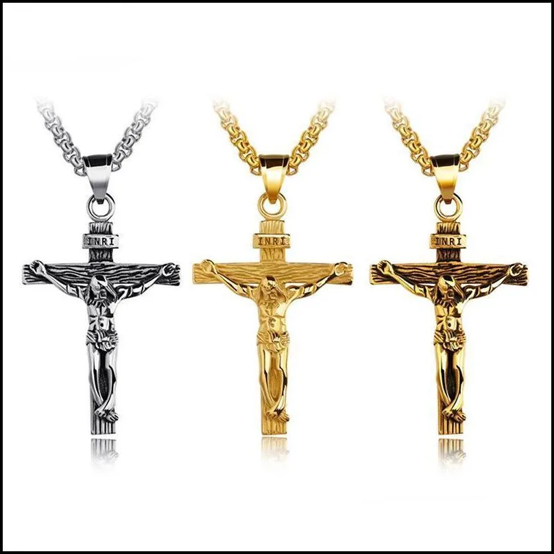 Chains Crucifix Jesus Christ Men Jewelry Gold Brown Silver Color Stainless Steel Cross Pendant With Neck Chain Necklaces For Man Women