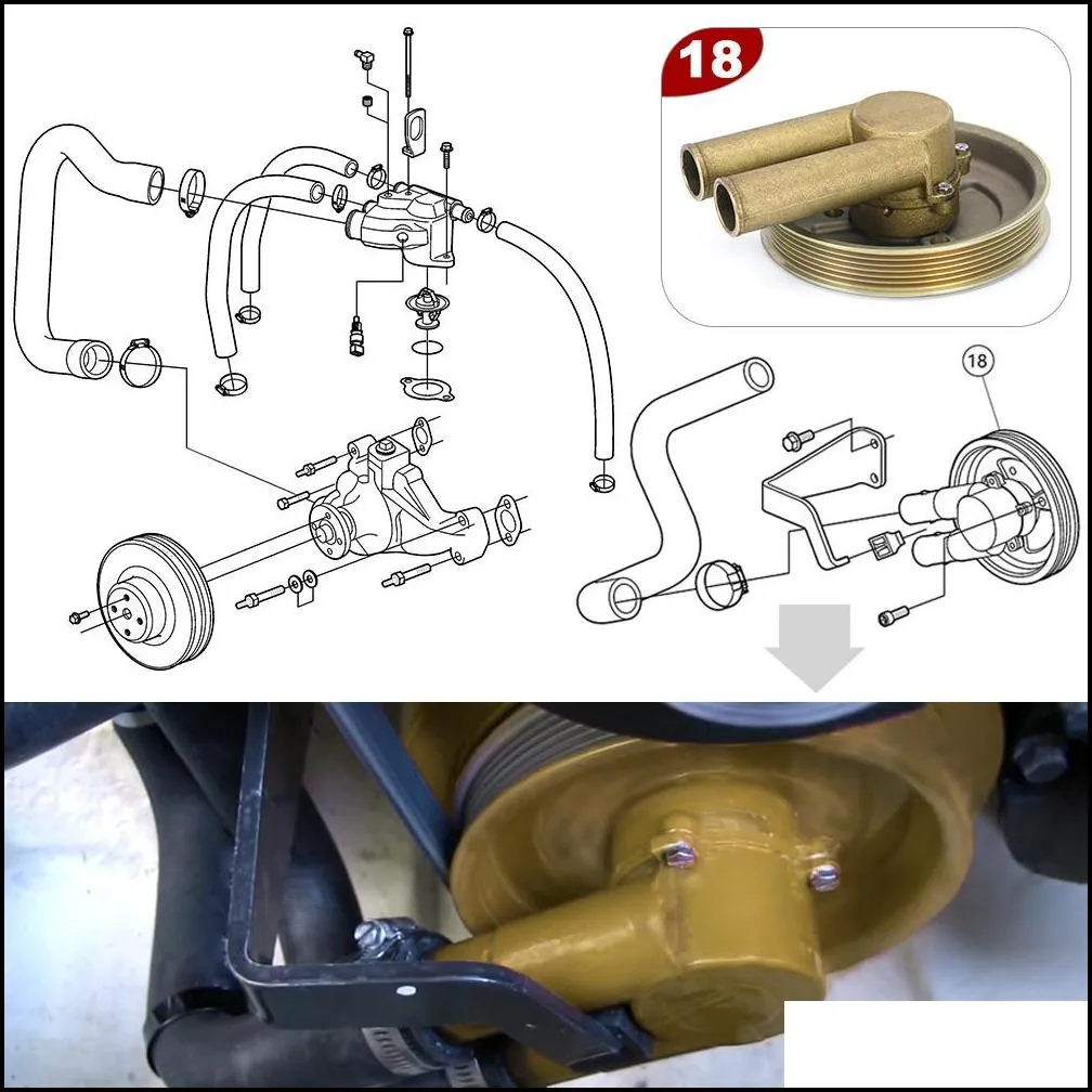 Raw Sea Impeller Water Pump with Serpentine Pulley 21214599 Replace 3812693 3862482 3857202 for Volvo Penta 3.0 4.3 5.0 5.7 PQY-DUP04