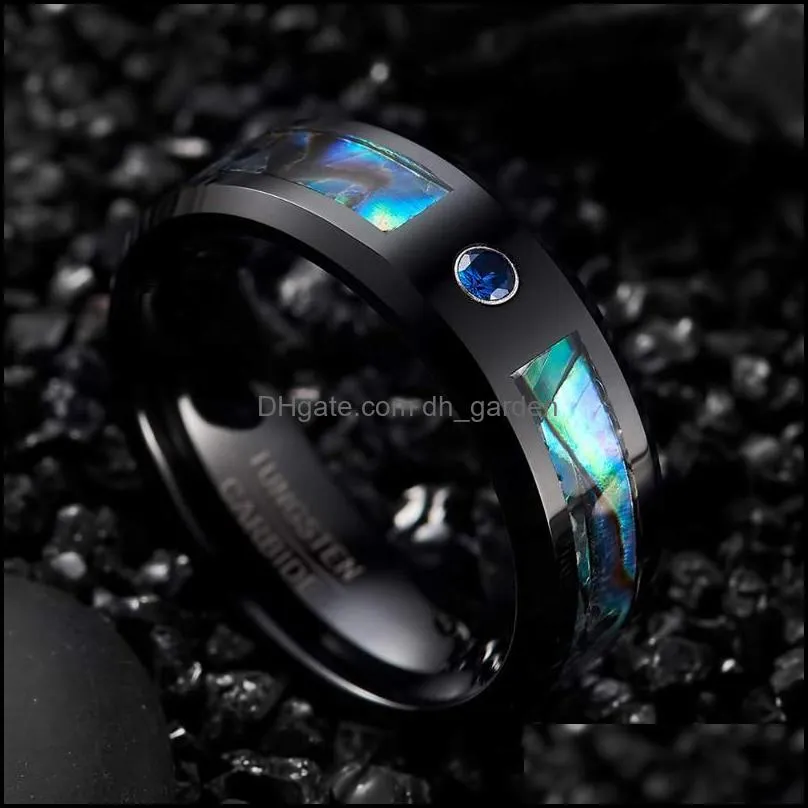 wedding rings men black tungsten carbide ring abalone shell and blue cubic zirconia inlay band beveled edge comfort fitwedding brit22