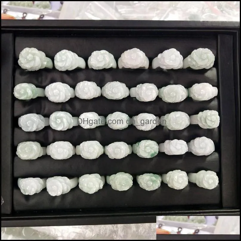 Wedding Rings Trend Band Ring Natural Jade Stones For Women Jewellery Emerald Rose Flower Hand-Carved Ladies Luxury JewelryWedding
