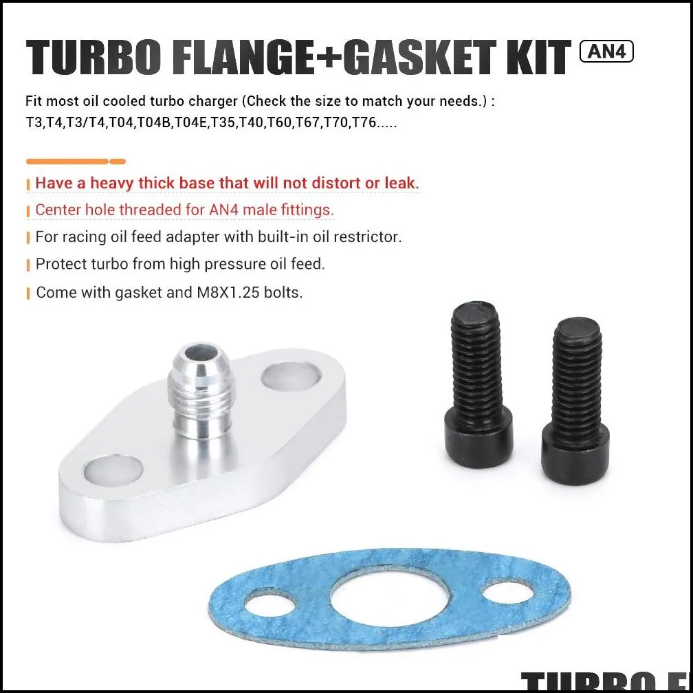 PQY - Turbo Oil Feed Inlet Flange Gasket Adapter Kit 4AN 4 AN Fitting T3 T3/T4 T04 PQY-OFG31