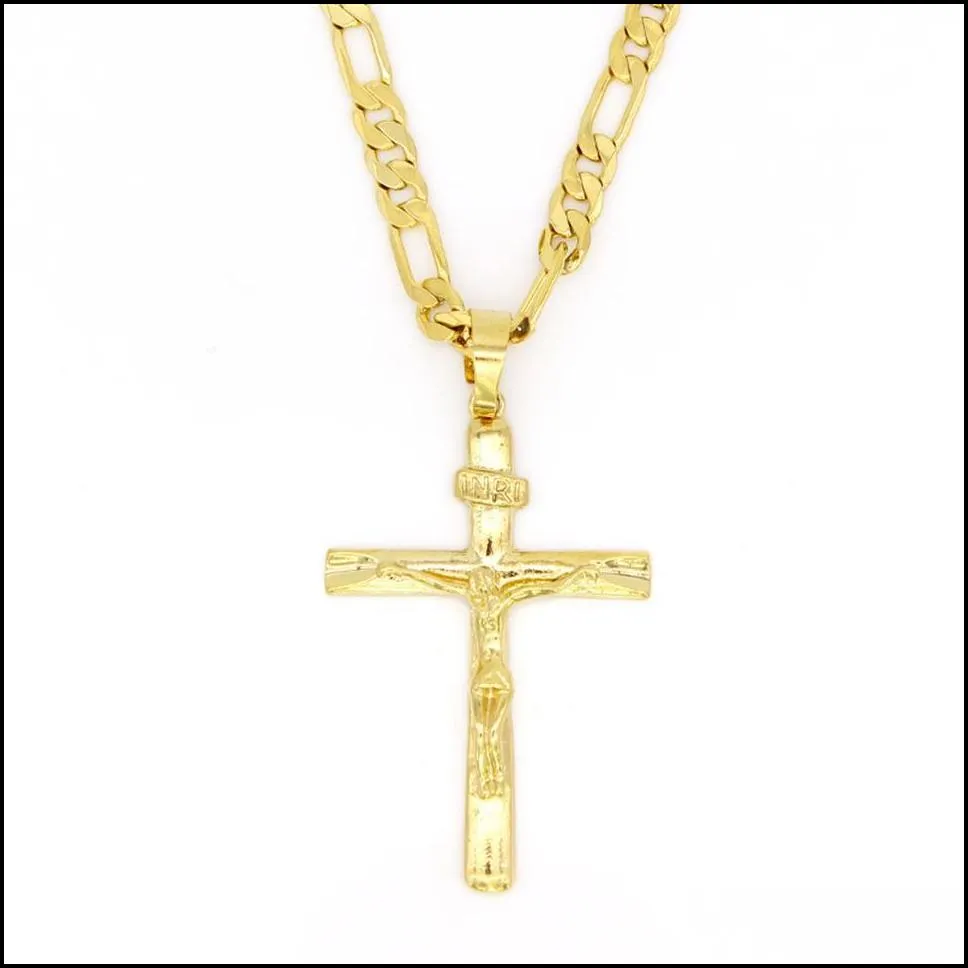 Real 10k Yellow Solid Fine Gold Jesus Cross Crucifix Charm Big Pendant 55x35mm Figaro Chain Necklace