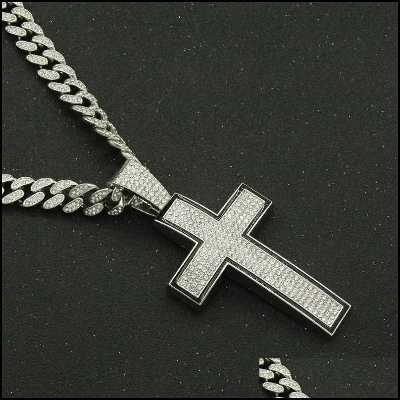 Hip Hop Iced Out Cuban Chains Bling Diamond Sliver Cross Mens Necklace  Big Gold Chain Charm Jewelry For Men