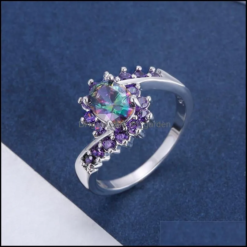 Wedding Rings Rainbow Crystal Purple Zircon Ring White Blue Opal Oval Stone Classic Silver Color Engagement For Women GiftsWedding