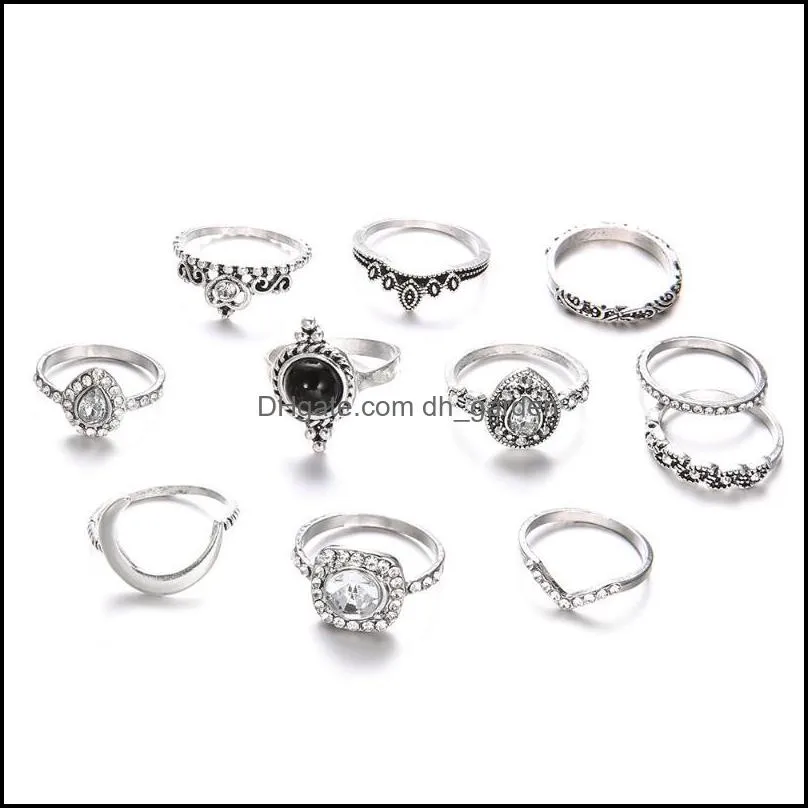 wedding rings gothic for women vintage silver hollow alloy diamond carved knuckle ring crown shape jewelry charm set gift retrowedding