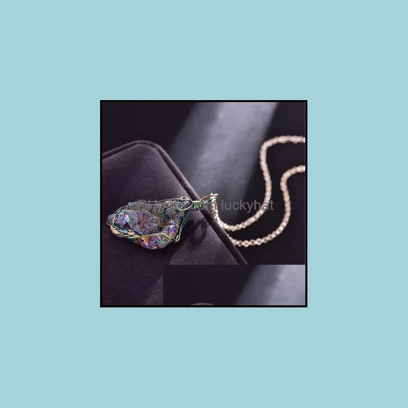 chakra natural stone pendant necklace irregular raw mineral crystal quartz druzy pendant statement necklace vintage jewelry christmas