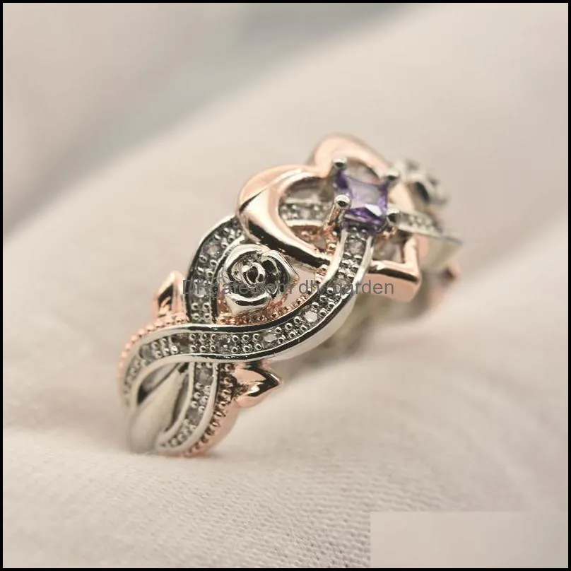 wedding rings exquisite silver plated filled rose gold princess ring purple crystal zircon heart bridal engagement jewelry for