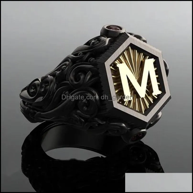 Wedding Rings Classic Retro Black Men Gold Filling Carving M Letter Signet Steampunk For Birhday Gift Party Gothic JewelryWedding